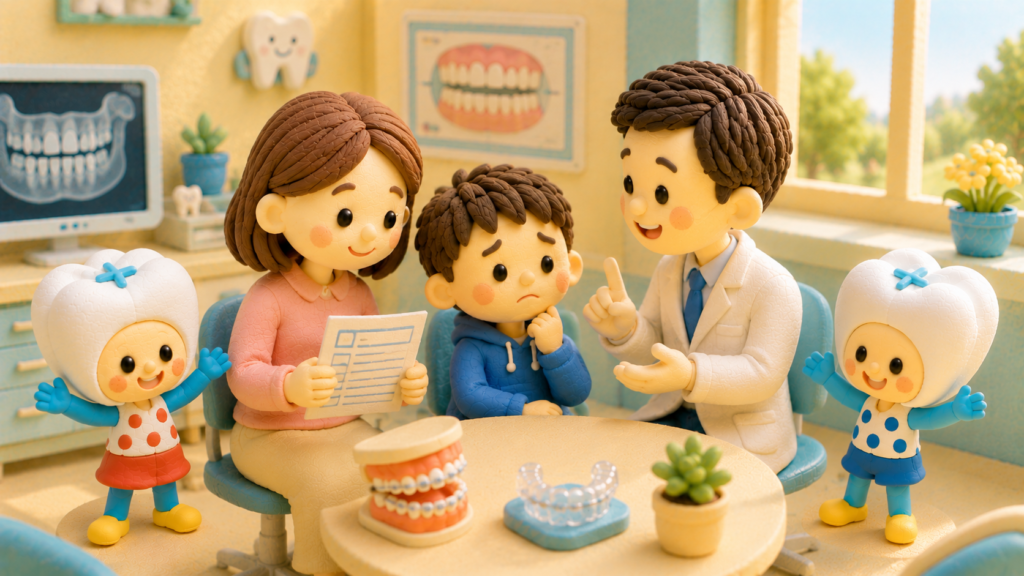学校歯科健診で歯並びを指摘され、矯正相談を受ける親子