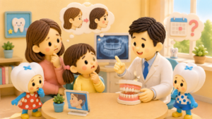 受け口は自然に治るのか心配する親子に、治療開始のタイミングを説明する矯正歯科医